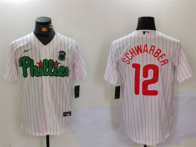 Men's Philadelphia Phillies #12 Kyle Schwarber White/Green Cool Base Stitched Jersey Men's Philadelphia Phillies #12 Kyle Schwarber White/Green Cool Base Stitched Jersey